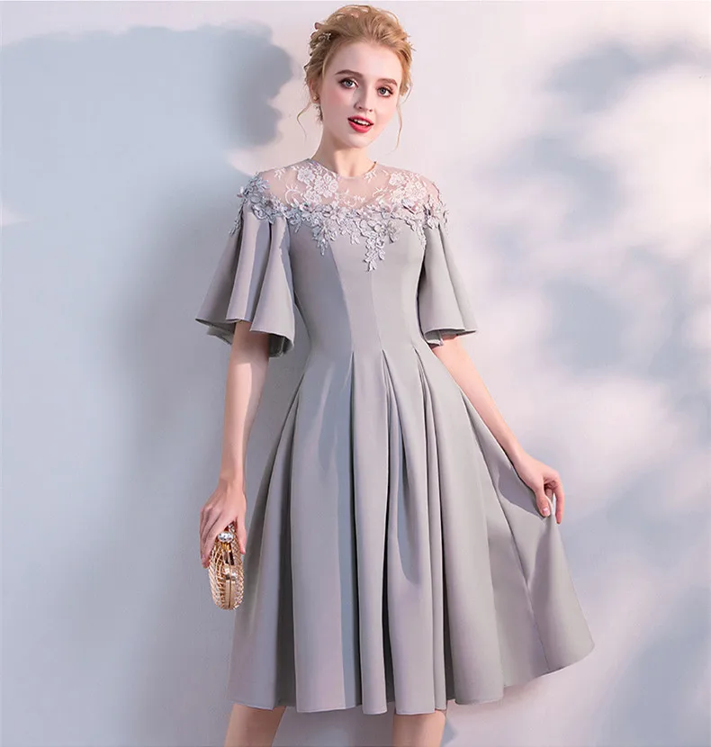 JaneVini Elegante Korte Grey Prom Dress Puffy Korte Mouwen EEN Lijn Kant Applicaties Kralen Illusion Terug Satijn Formele Party Jurken