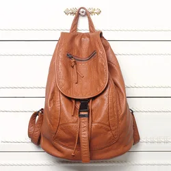 Mochila de cuero suave para mujer, bolso de cuero lavado de buena calidad para mujer, mochila informal para mujer para viaje