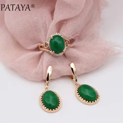 PATAYA 585 Rose Gold Color Malay Oval Natural Stone White Zircon Long Dangle Earrings Rings Sets Women Wedding Fine Jewelry