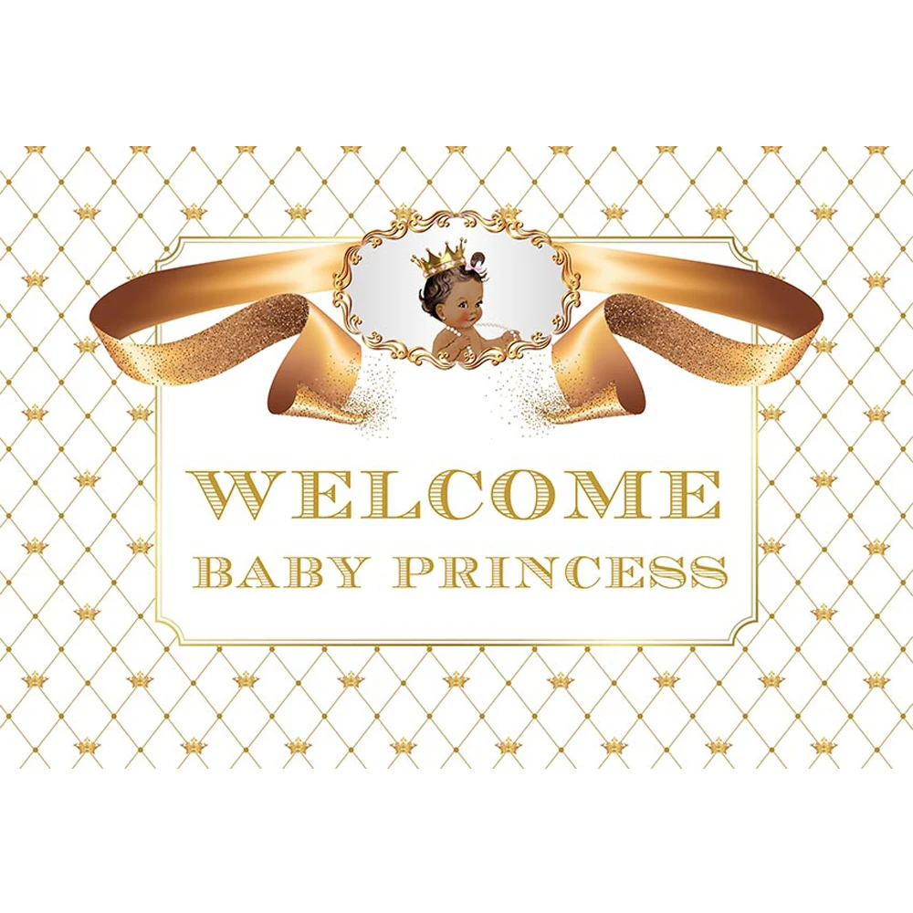 

Happy Birthday Backdrop for Baby Shower Printed Gold Crowns Ribbon Customized Texts Princess Girl Party Themed Photo Background