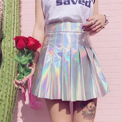 Minifalda acampanada plateada para Mujer, vestido de baile de cintura alta, holográfico, Punk, Kawaii, Verano