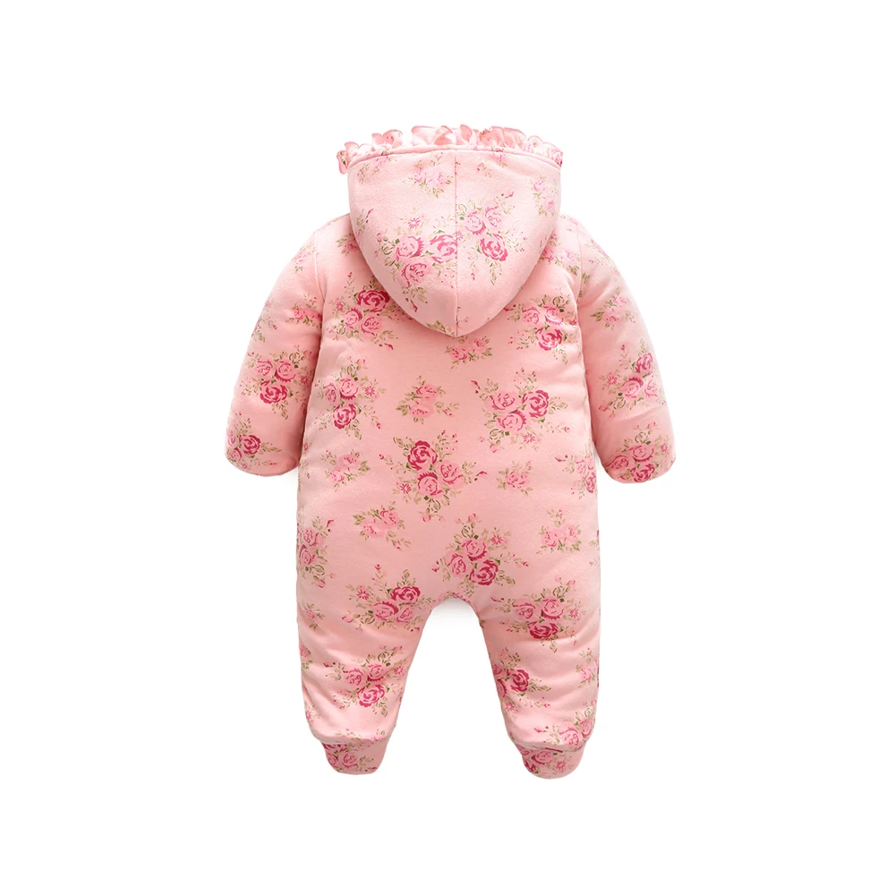 Winter Newborn Baby Girl Rompers Thicken Warm Cotton Jumpsuit Hooded Clothing Floral Princess Christmas Girls Onesie