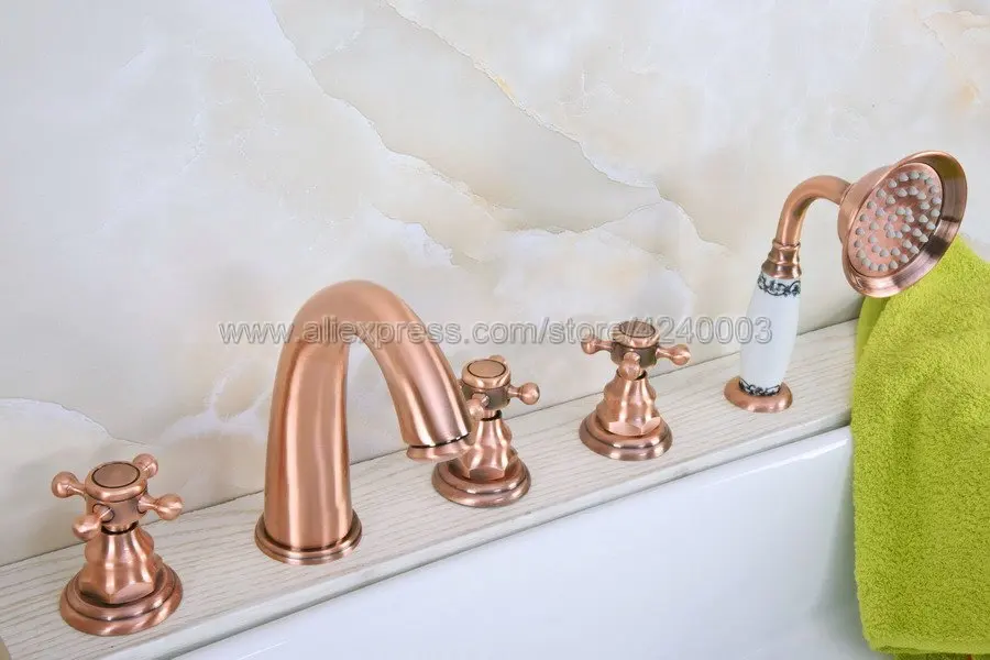 Antique Red Copper Bathroom Roman Tub Faucet Widespread 5pcs Tub Mixer Tap Deck Mounted with Hand Shower Ktf240