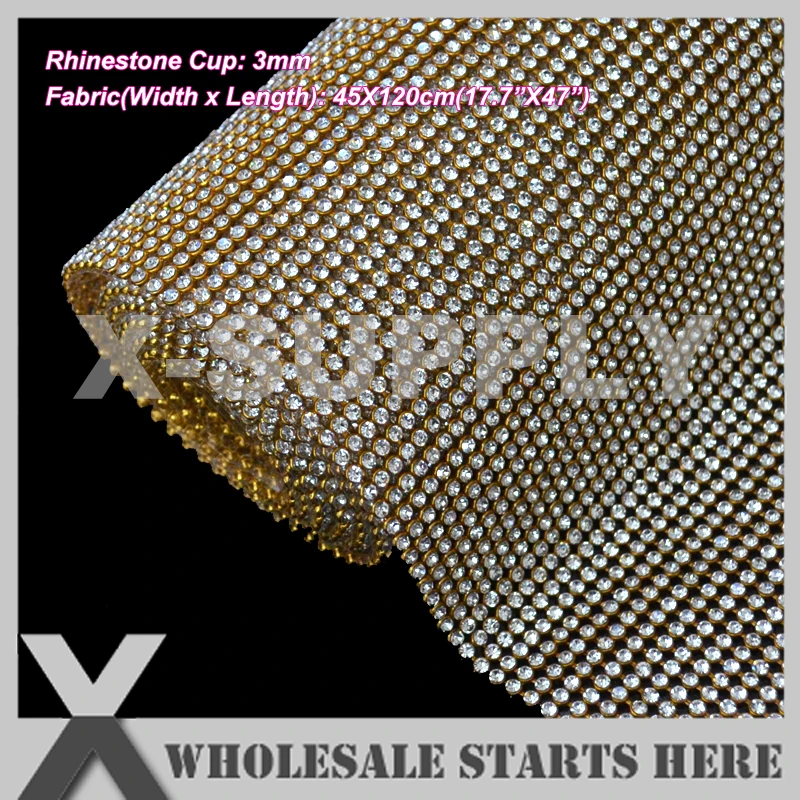 

P2 3mm Iron On Rhinestone Mesh Sheet,Gold Metal Base,With Iron On Glue on the Back,Used for Garment,Cake Banding,Bridal Dress