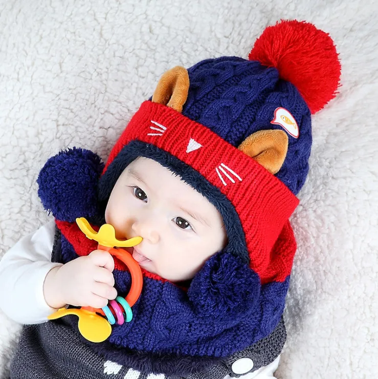 New Baby Girl Boy Toddler Infant Cat Knit Hat Cap +Scarf Muffler Fox Cartoon Bebe Beanie Kids Boys Hats Caps Scarves Accessories