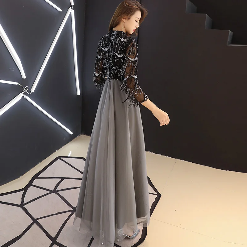 Weiyin preto muçulmano vestidos de noite a linha 3/4 mangas até o chão lantejoulas dubai árabe saudita longo elegante vestido de noite wy1143