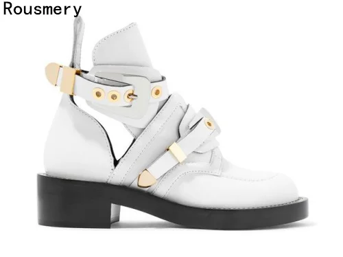 

Free Shipping 2017 Spring Hot Women Fashion Cuts Out Gladiator Gold Buckle Low Heel Ankle Short Boots White Pu High Quality