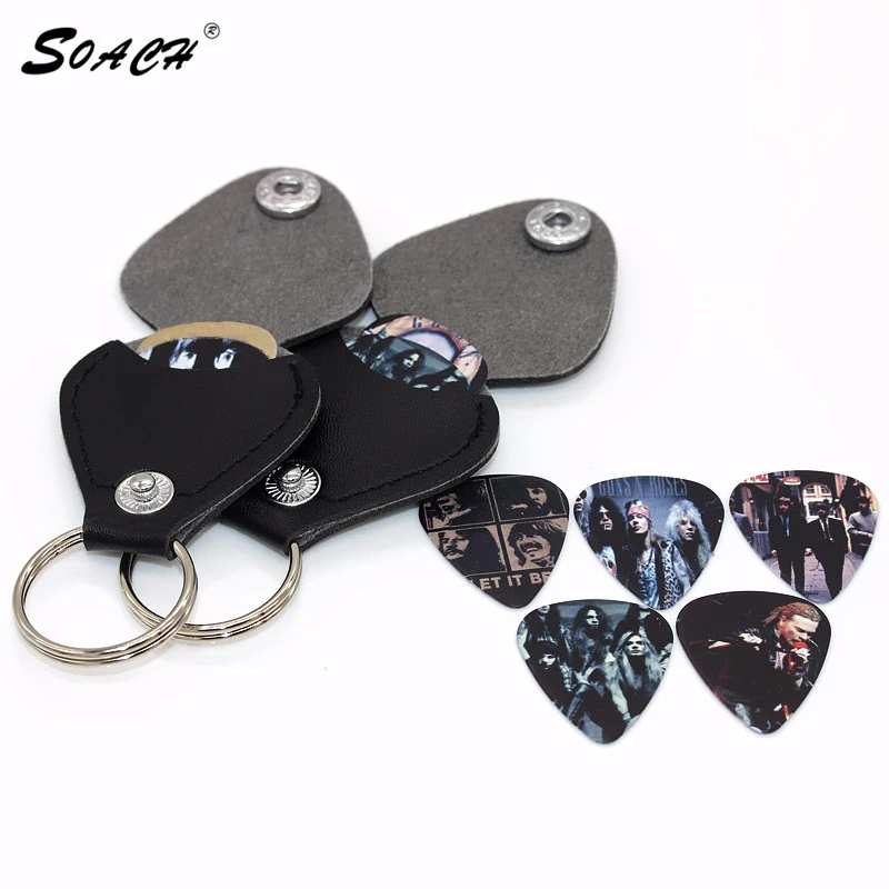 SOACH Hot 1 piece guitar picks case box purse Black Faux Leather Key Chain Guitar Picks Holder Plectrums Bag Case Key ring