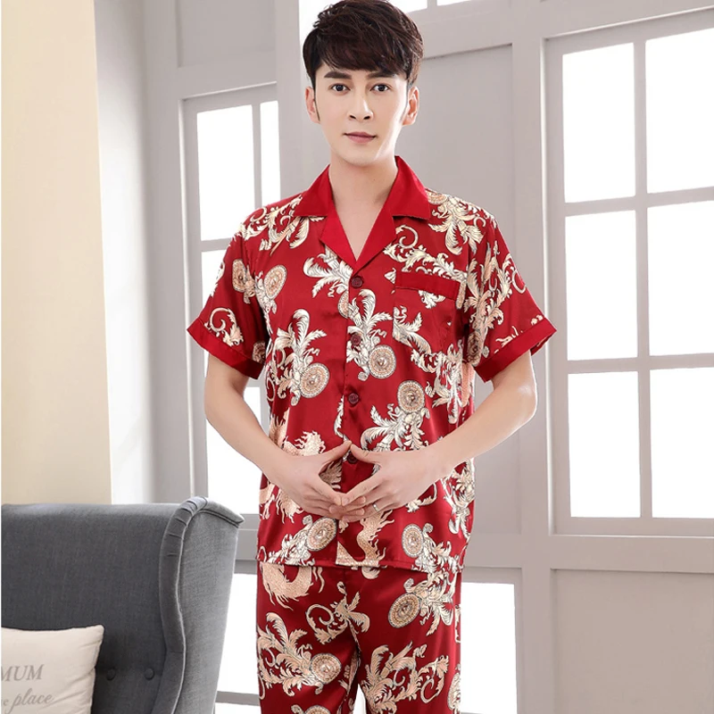 Vintage Gray Chinese Men Satin Pajama Set Novelty Clothes Pyjamas Suit Short Sleeve Shirt &Pants Trousers Sleepwear Nightwear