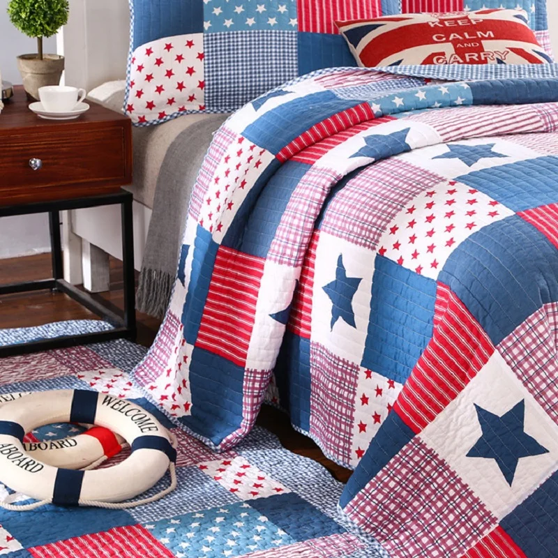 Quality Blue Print Quilt Set 3PC Quilted bedding Cotton Quilts Bedspread Bed Covers Pillowcase Queen Size 200*230cm Coverlet