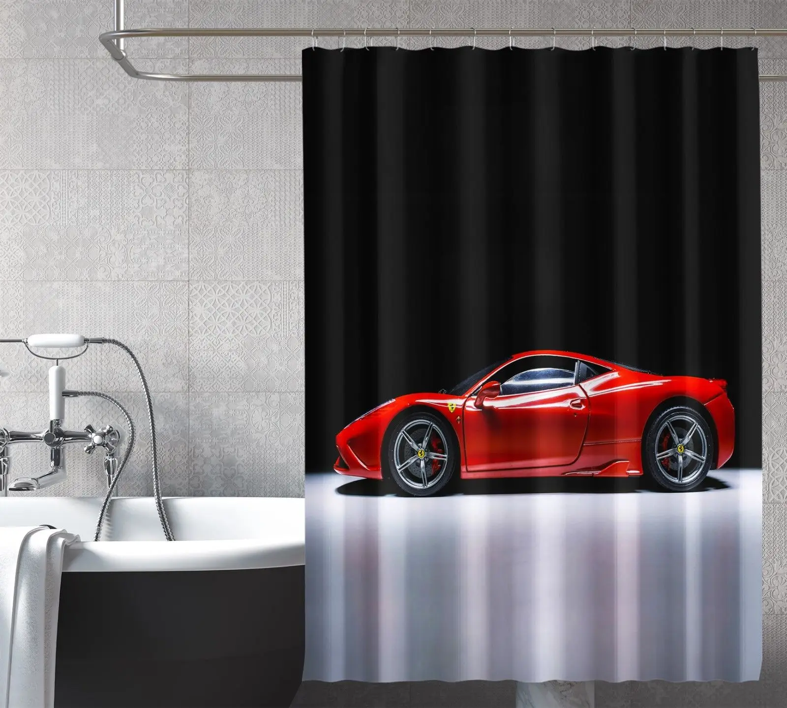 3D Red Car Shower Curtain Waterproof Fiber Bathroom Home Windows Toilet