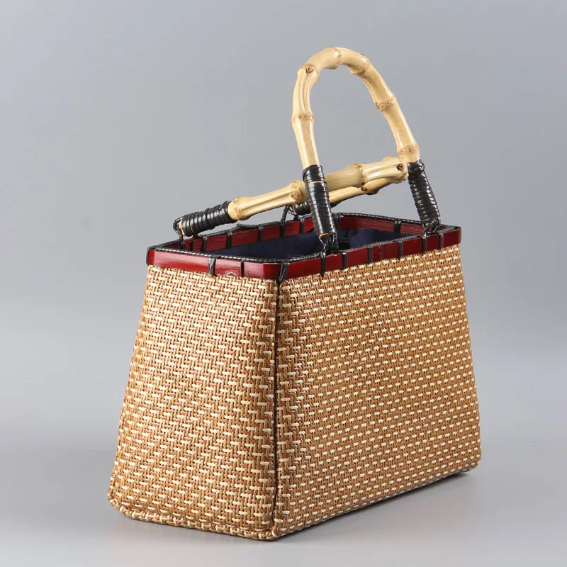 26*16CM Vintage Hand-woven Rattan Bamboo Japanese-style Art Bamboo Women Boutique Rattan Bag Handbag Tea Storage Bag A4535