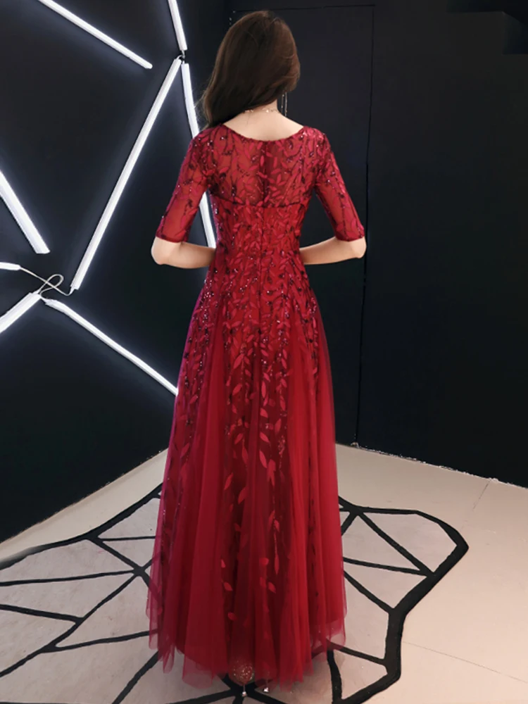 Customized Long Evening Dresses Robe De Soiree Sexy Luxury Wine Red Sequin Formal Party Dress Pom Gown WY1134