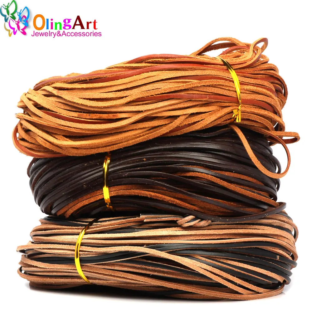 OlingArt 3*2mm 5Yard/lot  Black/Brown/Leather Color Flat Leather Rope/Cords DIY Necklace Bracelet Earrings Choker Jewelry Making