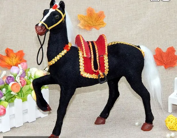 black horse with saddle polyethylene&furs raise leg up horse large 29x27cm model prop,home decoration Xmas gift w1500