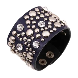 Genuine Leather Bracelets Brand Fashion Rhinestone Punk Wide Rivet Cuff Bracelets & Bangle for Women Men Jewelry Accessory Gifts
