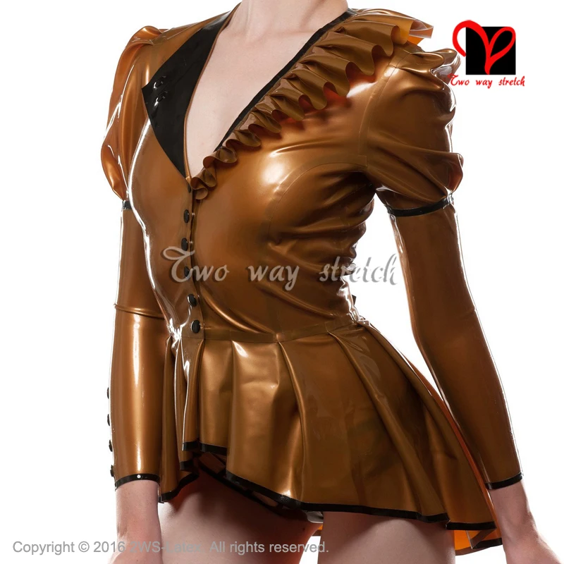 Metallic golden Sexy Short Rubber coat button Front puff sleeve uniform clothing Top clothes Latex Jacket size XXXL SY-053