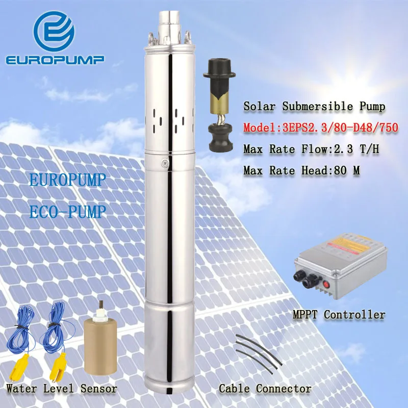 

EUROPUMP MODEL(3EPS2.3/80-D48/750) 2300L/H Stainless S 304 DC 48V High Head Brushless Solar Submersible Borehole Water Pump