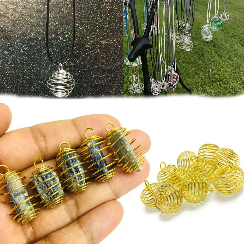 Yidensy 20pcs Small Shiny Gold Silver Color Wire Wrap Cage Pendants Beads for DIY Crystals Stones Jewelry Making Craft Supply