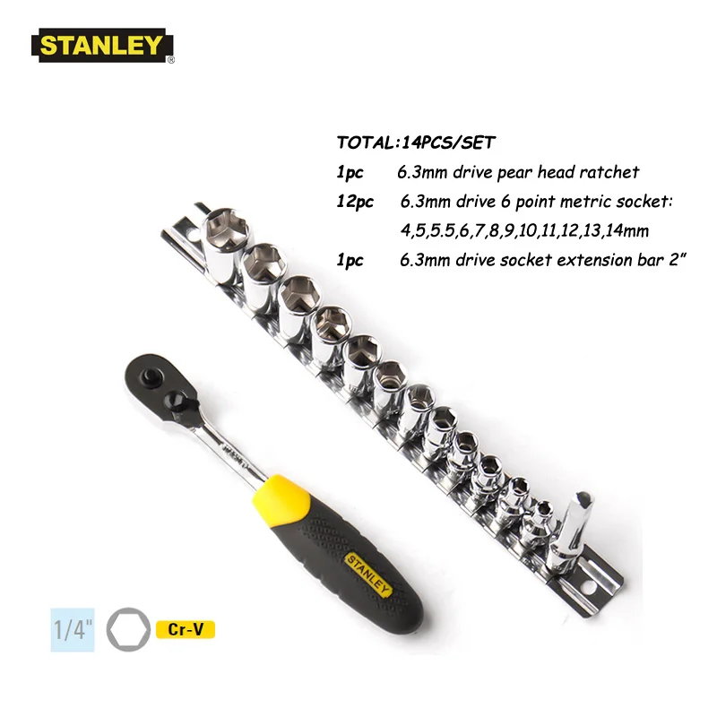 Stanley 14 Pcs Metrik 1/4-Inch Drive Socket Set dengan Rilis Cepat Ratchet Ekstensi Bar 2 "Alat Mekanik lifetime Warranty