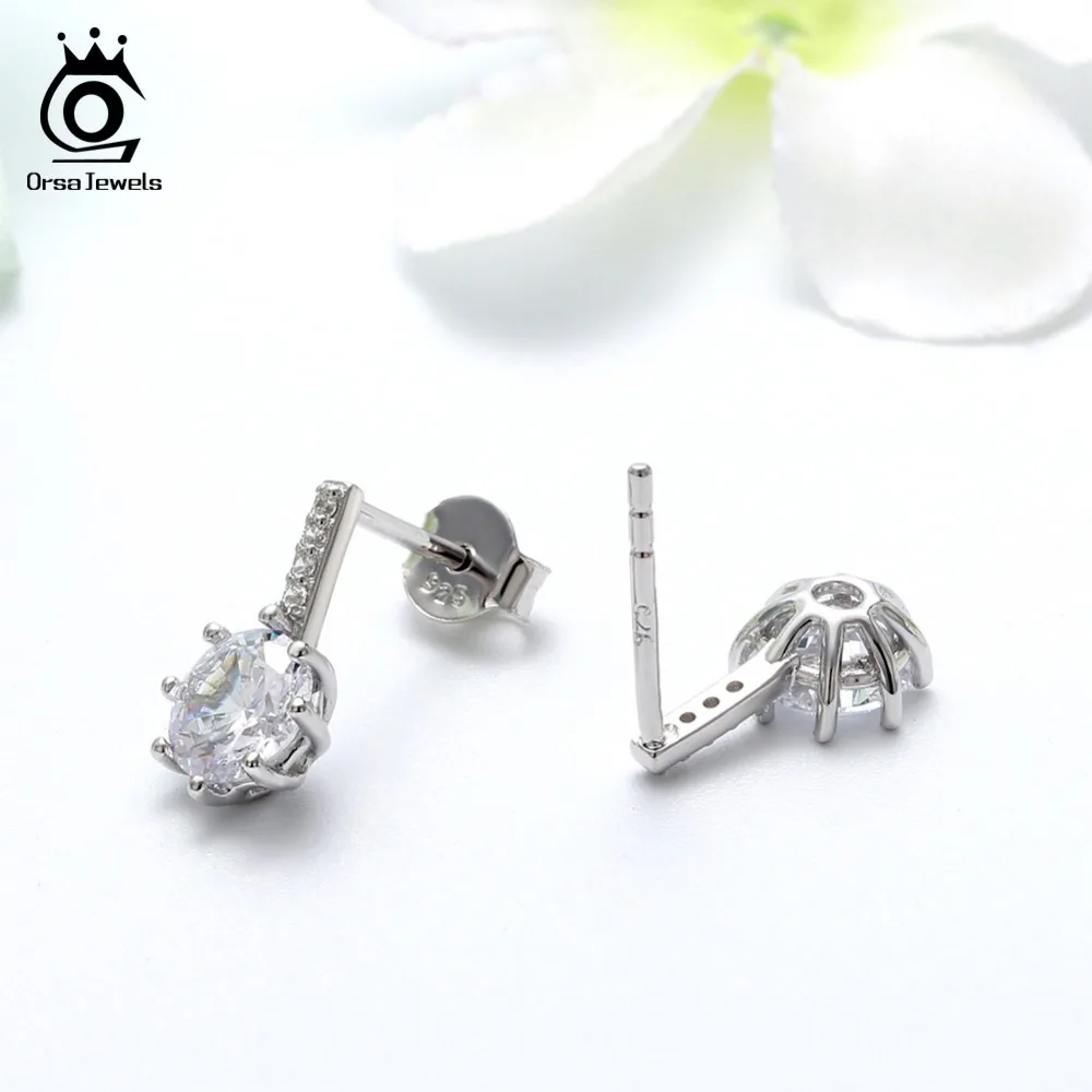 ORSA JEWELS Stud Earrings For Women 925 Sterling Silver Round Big Shiny AAA CZ Girl Earring Female Club Party Jewelry Gift SE109