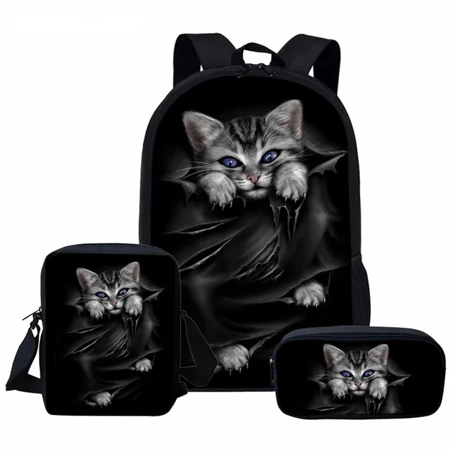 Gothic Moon Phase Black Cat Print Large Capacity Schoolbag for Teenager Girls 3Pcs/Set School Rucksack Children Backpack