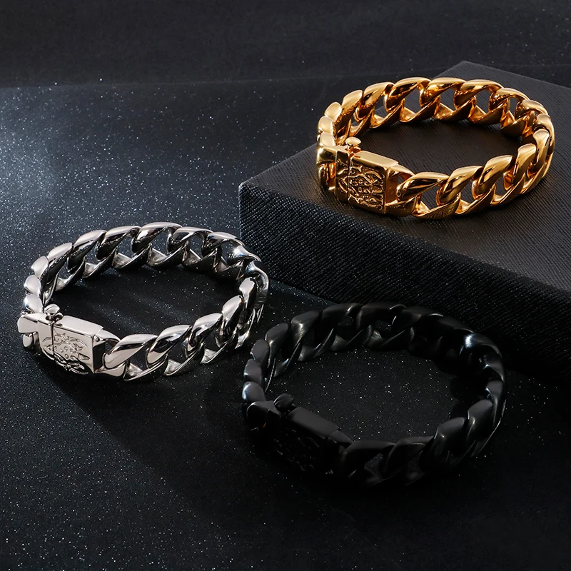 

15mm Heavy Punk Gold Color Curb Cuban Chain Bracelet Men Women Hiphop Rock Retro Black Stainless Steel Bike Skull Bangle Jewelry