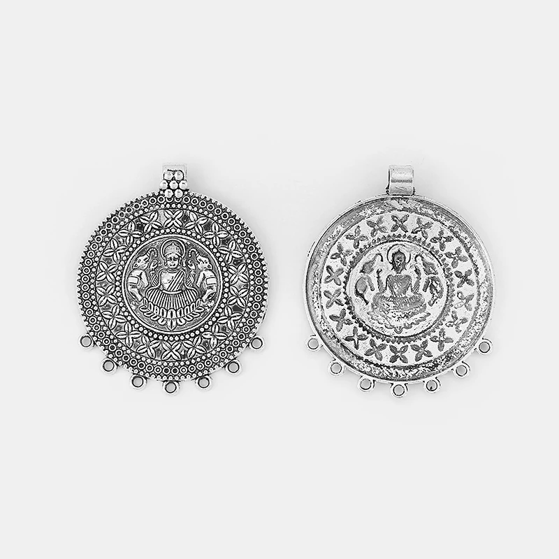 2pcs Tibetan Silver Boho Ethnic Large Round Charms Embossed Flower Pendants For Tassel  Necklace DIY Jewelry Making Findings