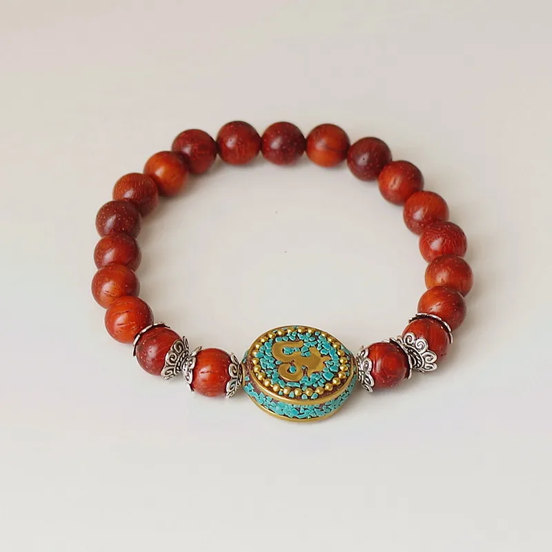 Red Wood Beads Strand Charm Chakra Mala Bracelet Lucky Prayer Tibetan Buddhist Scripture OM Mala Bracelet for Women Men