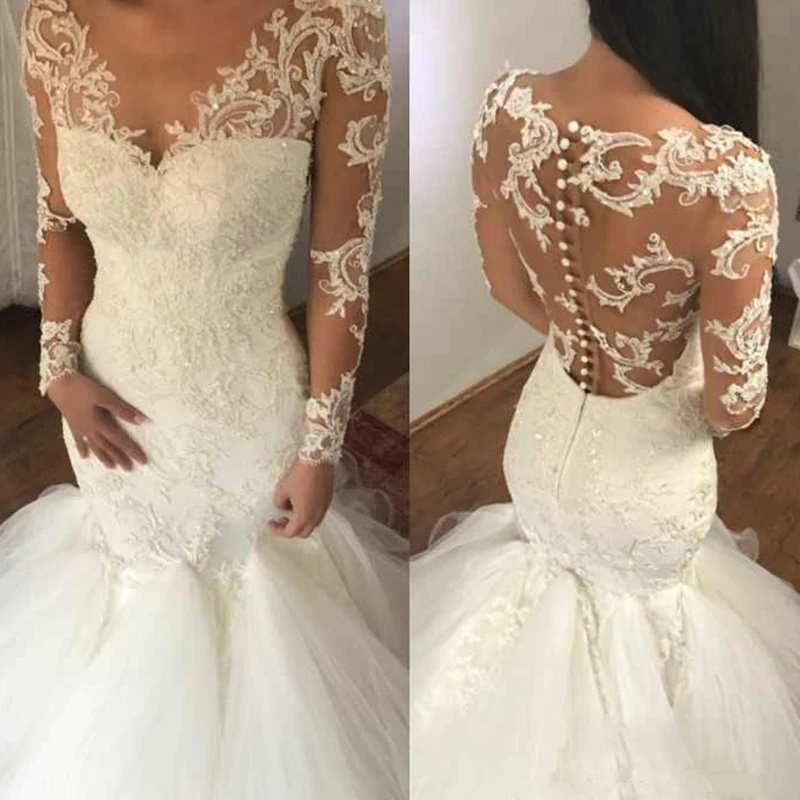 

Sexy Mermaid Wedding Dresses Illusion Back With Button Lace Appliques Charming Bridal Dresses Long Sleeve V-Neck Fashion Wedding