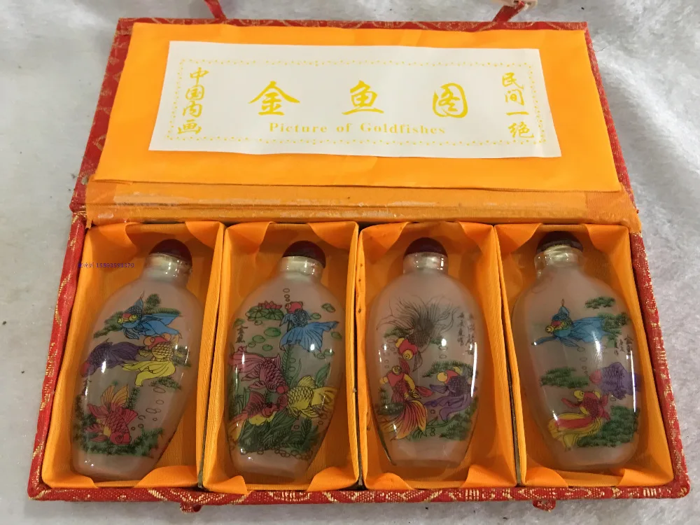 

4pc Chinese collection antique The goldfish painting glass SNUFF BOTTLE-painting home decoration SNUFF BOTTLE