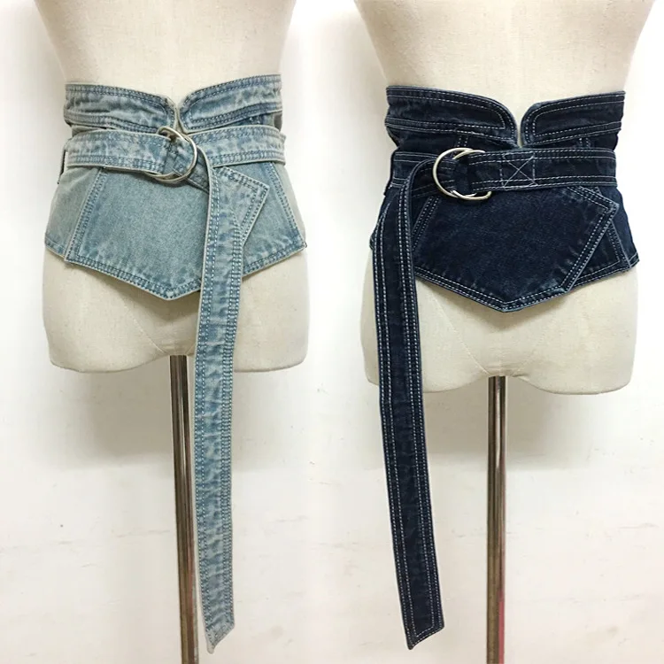 Korean Denim Jean Fabric Waist Belt For Women Wide Corset Belt Retro Design Front Tie up Waist Belt Girl Costume Dress Belts New