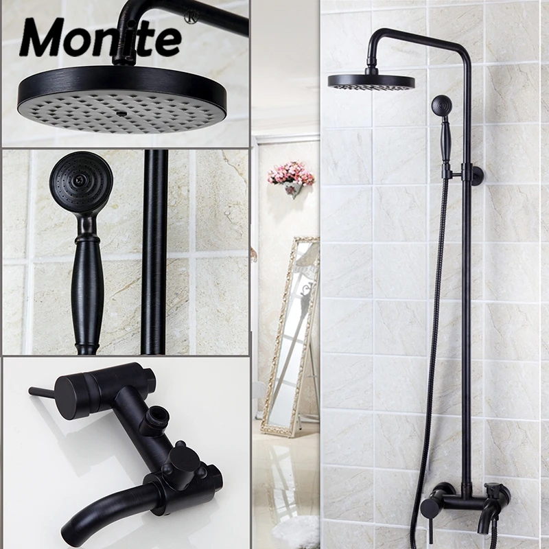 Monite Black Bathroom Shower Set Faucet Black Finished 3 Functions Rainfall Shower Mixer Tap Rain Head W/ Hand Shower Faucets