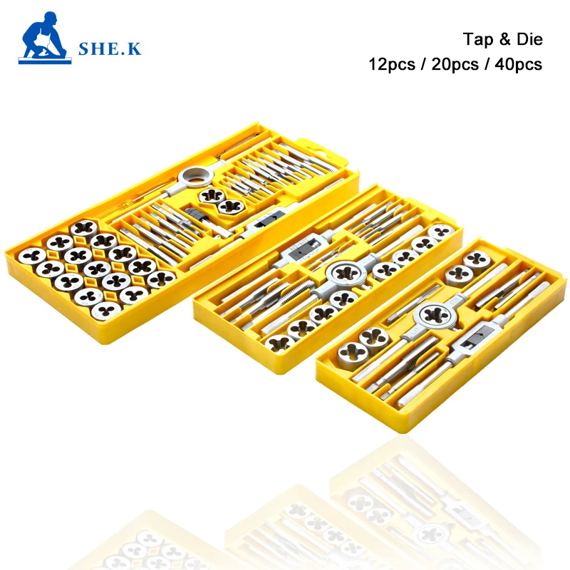 SHE.K Tap and Die Set M3-M12 Screw Thread Metric Plugs Taps & Tap Wrench 12pcs 20pcs 40pcs Alloy Steel Metric Tap Die Tools sets