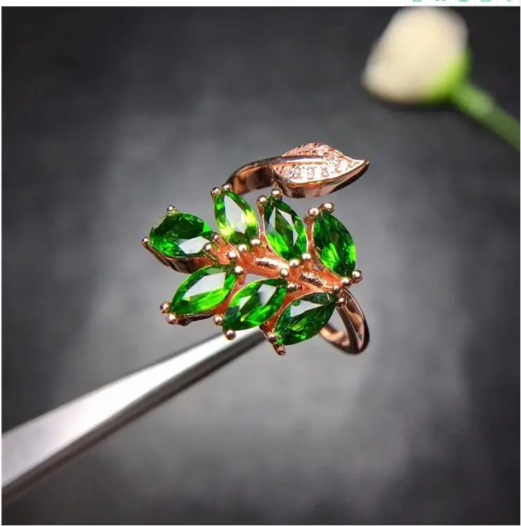 Natural Diopside ring Free shipping Natural green diopside 925 sterling silver Fine jewelry ring For men or women 3*6mm 7pcs