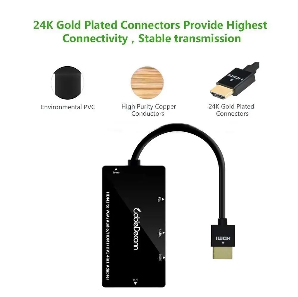 CableDeconn HDMI to HDMI VGA DVI Display Simultaneously Adapter 3.5mm Jack Audio With Micro USB Power Adapter Cable for Laptop