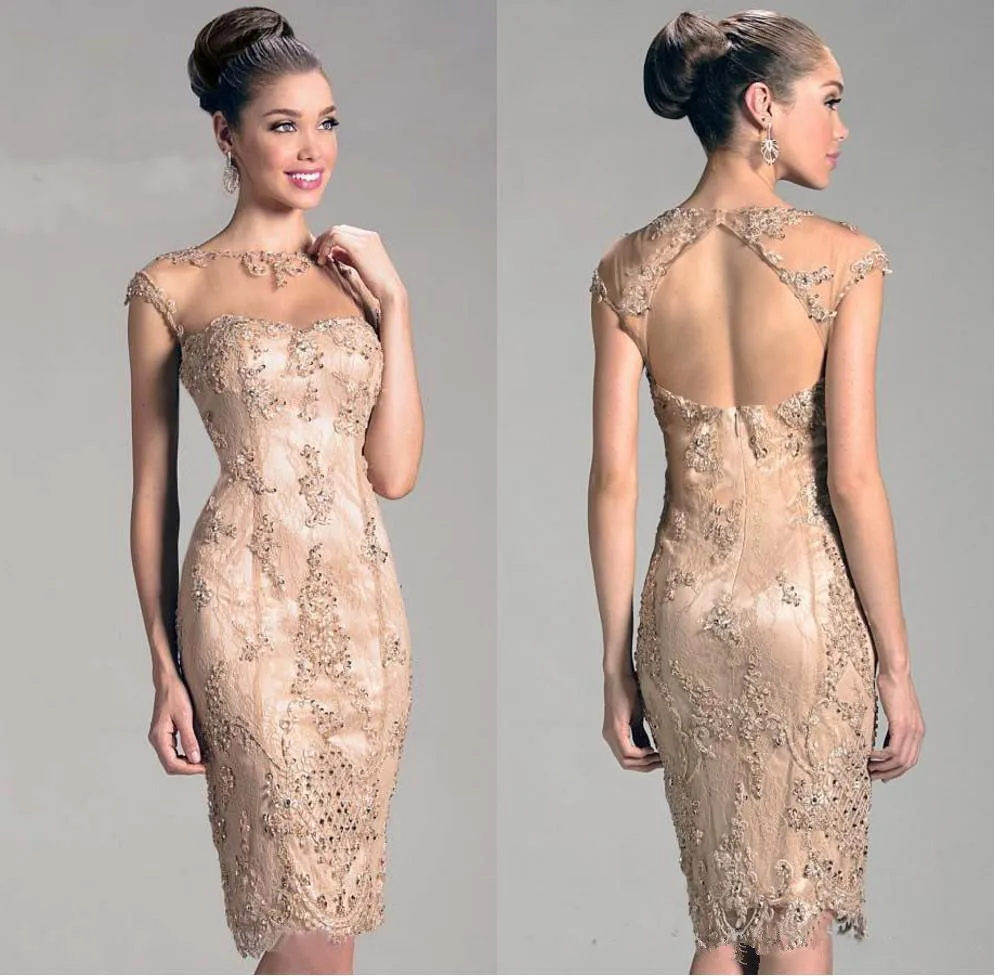 

Champagne Mother Of The Bride Dresses Sheath Cap Sleeves Lace Beaded Groom Short Wedding Party Dress Mother Dresses For Wedding