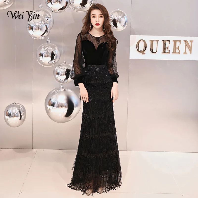 

wei yin 2025 New Long Black Evening Gowns Elegant Mermaid Tasse Dress Party Formal Long Sleeves Robe De Soiree WY1517