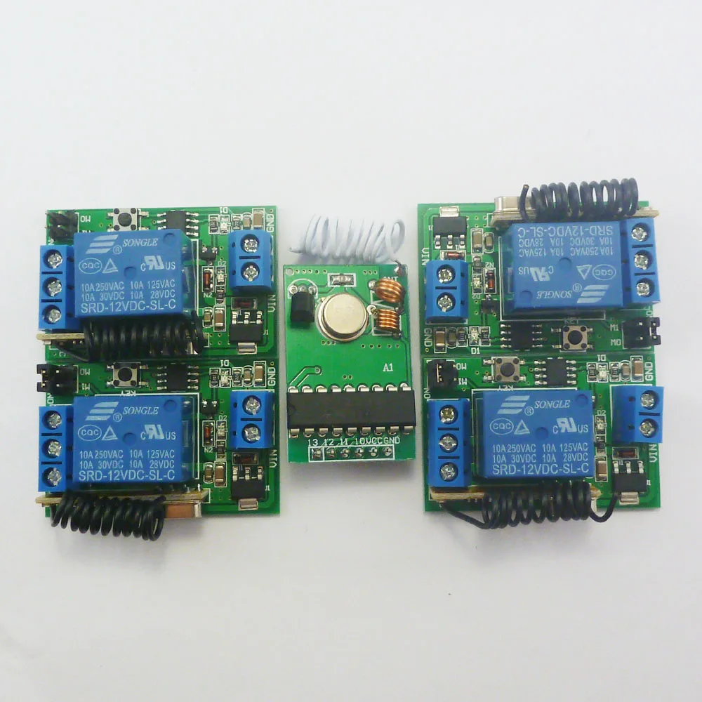 

DC12V 433MHz Transmitter Control Delay Relay Receiver Kits PT2262 Transmitter Module And 4 Pcs 1 CH Relay Switch