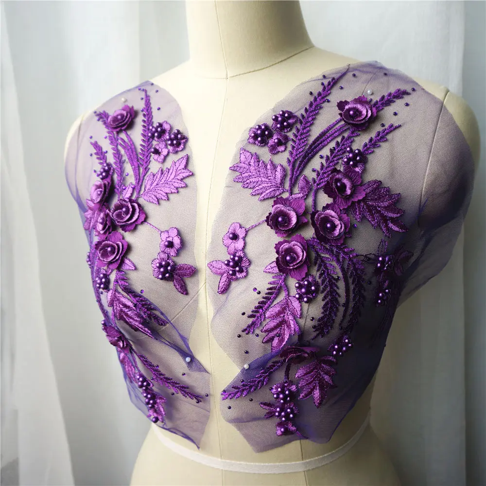 2PCS Purple Lace Fabric 3D Flower Tassel Beads Rhinestone Embroidered Wedding Gown Appliques Sew Patch For Dress DIY Decoration