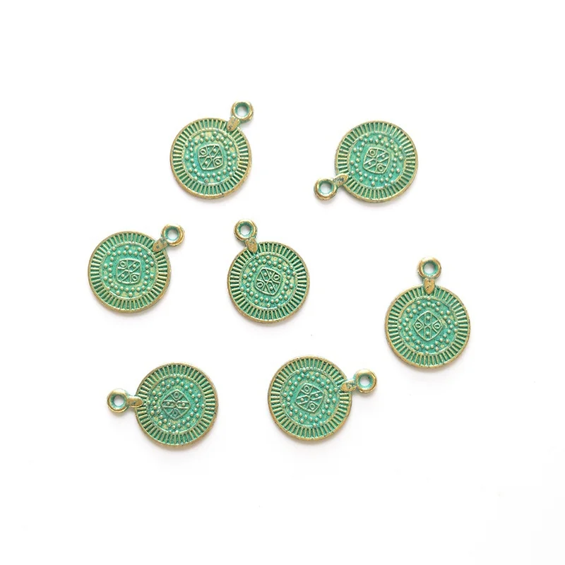 20pcs 14MM Retro Patina Plated Zinc Alloy Green Small Round Coin Charms Pendants for DIY Jewelry Accessories PJ004