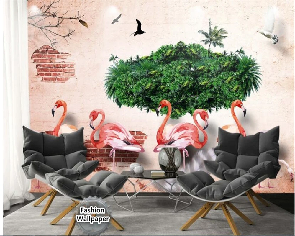 

beibehang wall papers home decor Retro Personality Interior Wallpaper Retro Pink Line Flamingo Coconut Plant TV Backdrop behang