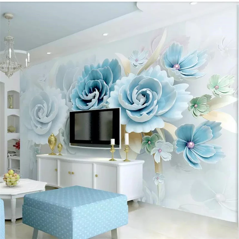 

wellyu New 3d embossed flowers blue fresh TV background wall custom large mural home decor wallpaper papel de parede 3d