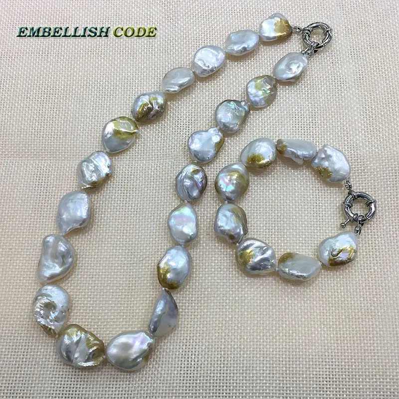 unusual Irregular pearl necklace bracelet set white few golden color Good gloss for women 8mm thickness flat oval shape natural