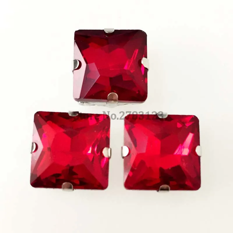 

Red square shape Silver bottom flatback high quality Glass Crystal sew on rhinestones 20pcs/bag 8mm/10mm/12mm