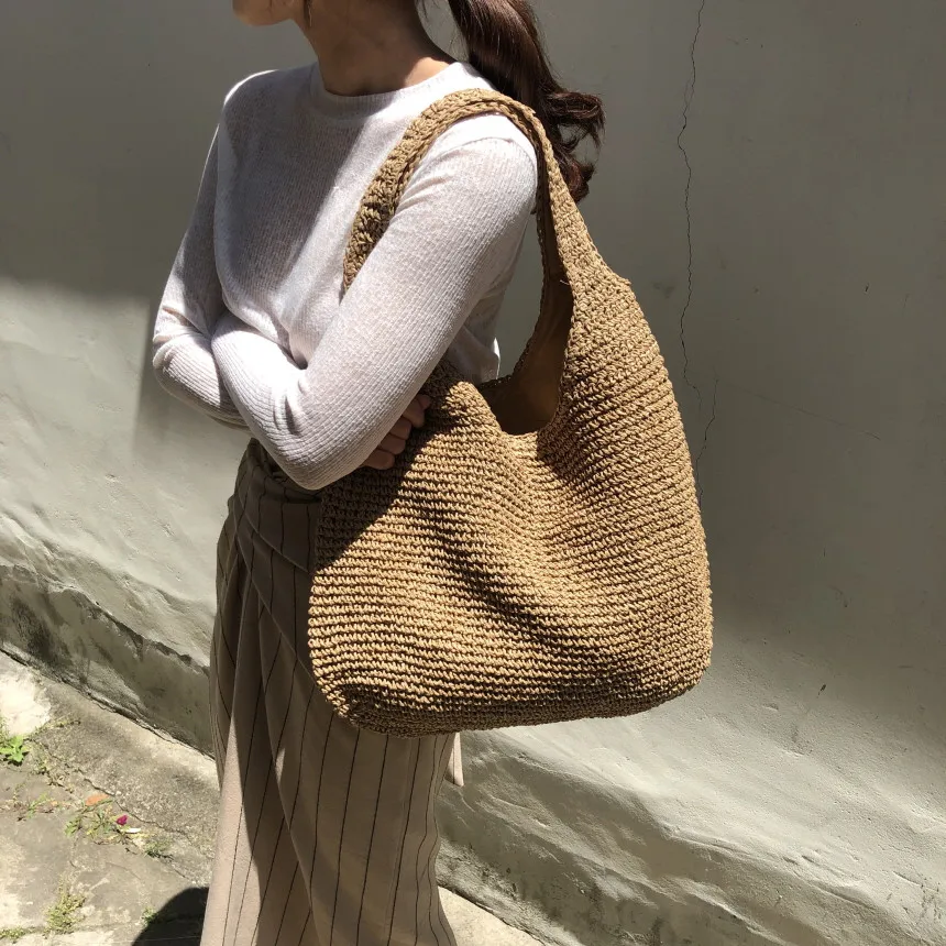 Fashion Straw Women Shoulder Bags Paper Woven Female Handbags Large Capacity Summer Beach Straw Bags Casual Tote Purses 2022