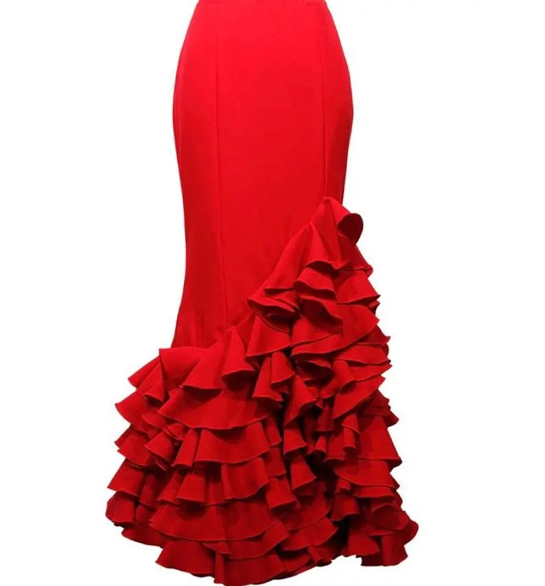 Red Mermaid Women\'s Skirts Tiered Ruffle Fashion Maxi Length Custom Made New Arrival Party Skirts Elegant