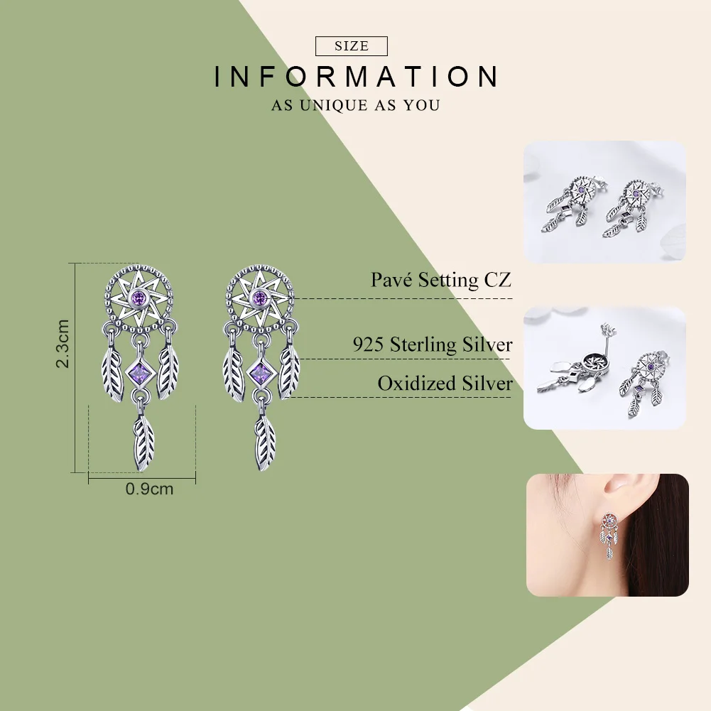 BISAER Hot Sale 925 Sterling Silver Dream Catcher Stud Earrings For Women Vintage Feathers Fashion Earrings Jewelry ECE502 image 3