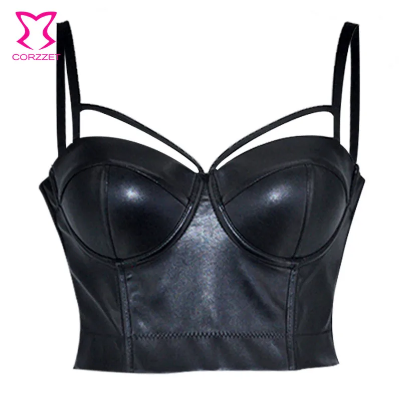 Corzzet-bralette con correa de cuero PU para mujer, chaleco de realce, corpiño gótico, sujetador de talla grande 6XL, Top corto negro Punk Rock para