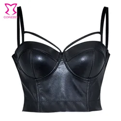 Corzzet-bralette con correa de cuero PU para mujer, chaleco de realce, corpiño gótico, sujetador de talla grande 6XL, Top corto negro Punk Rock para mujer